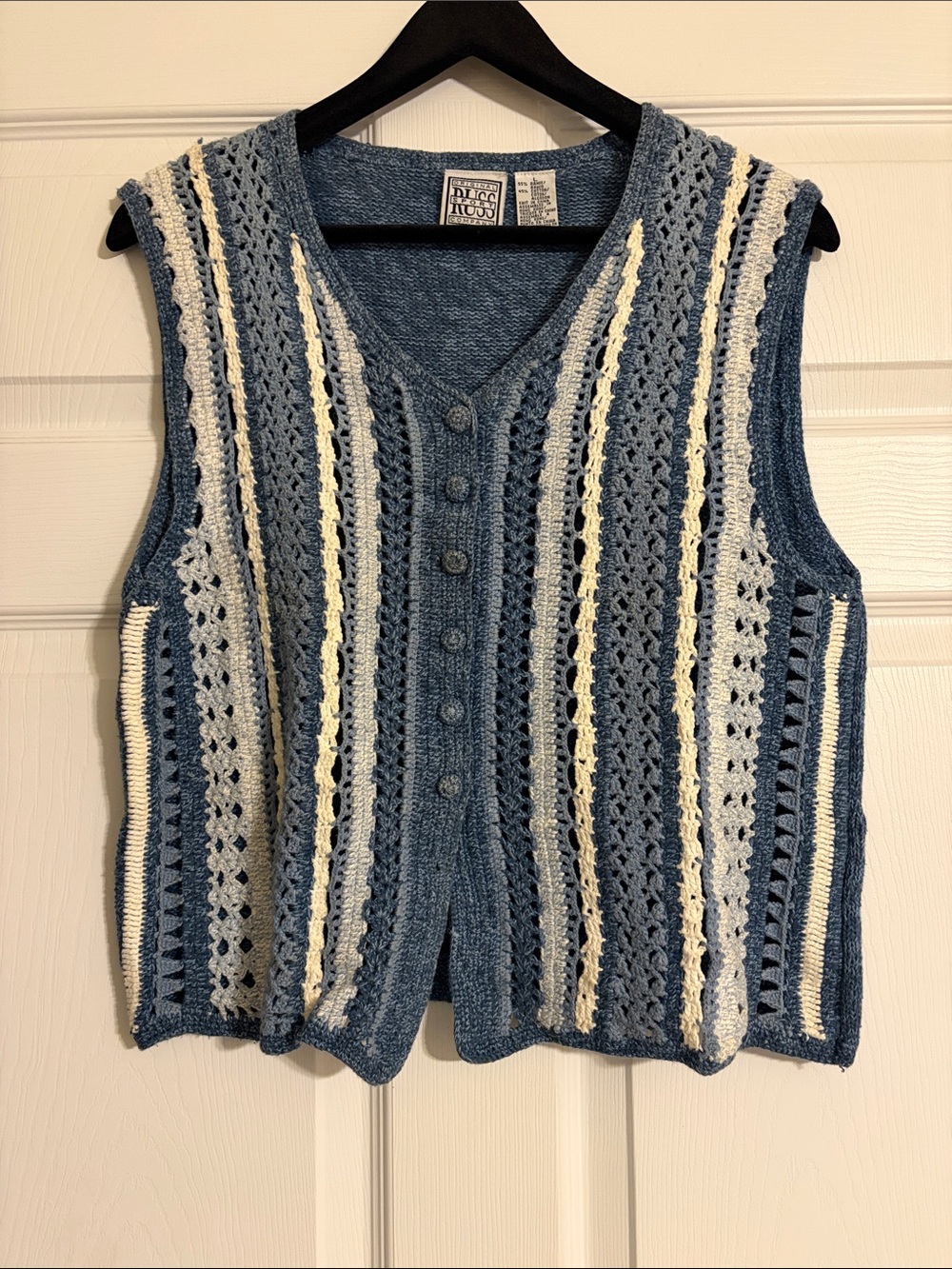 VINTAGE Russ Sport Crochet Knit Button Up Sweater Vest - Blue Cream L